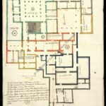 Planta de un colegio de Jesuitas de Málaga indicando las distintas dependencias con diversos colores